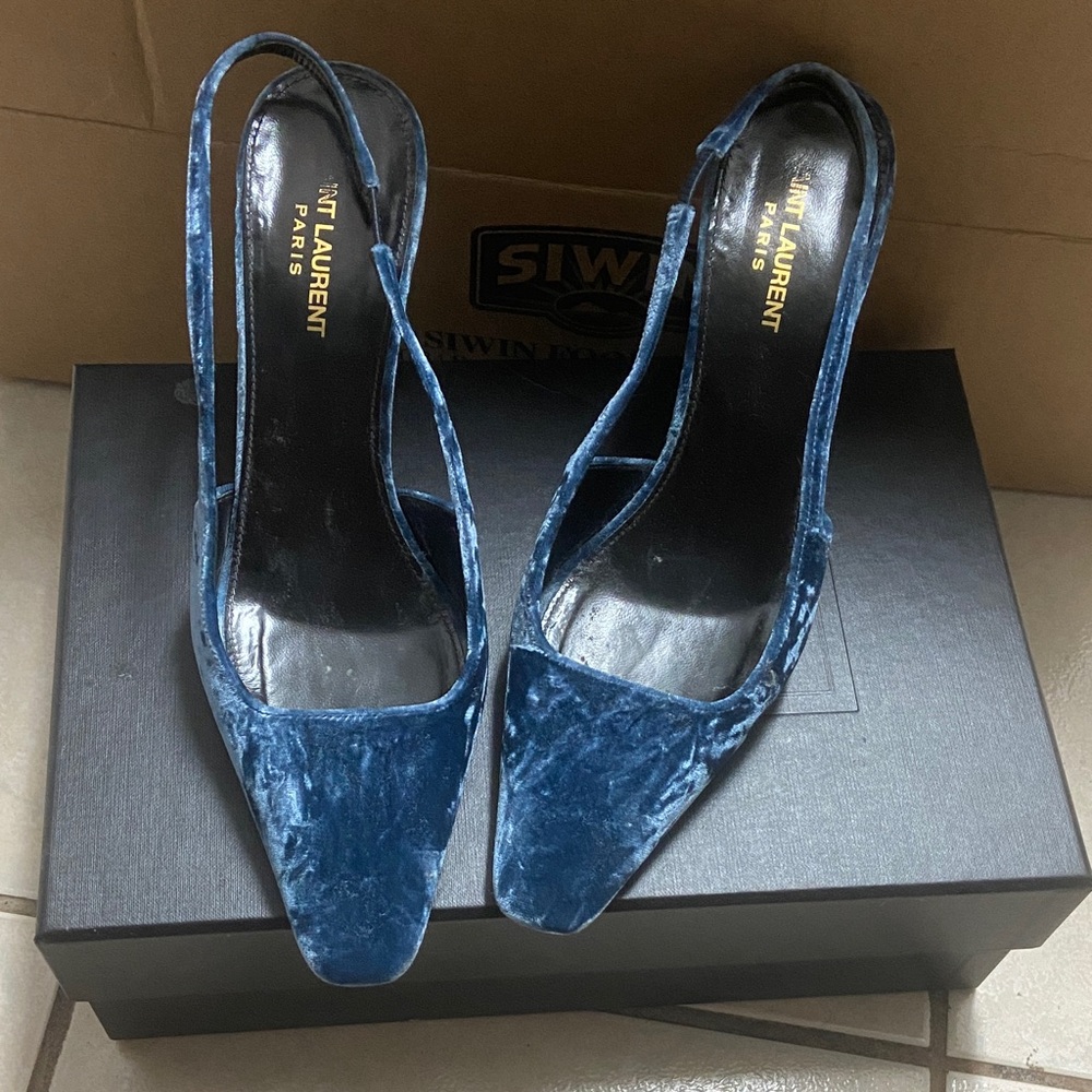 Saint Laurent Women's Blade Blue Velvet Slingback Pumps